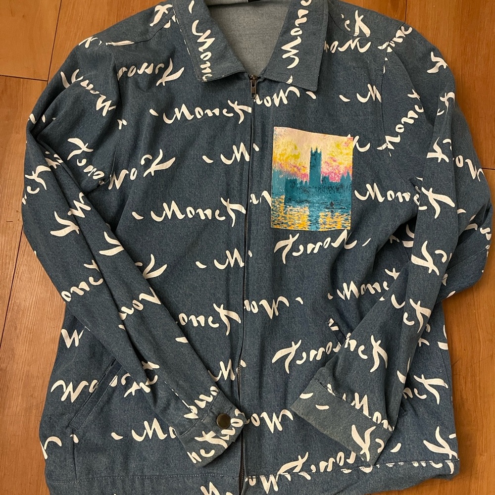 Urban Outfitters Knitswell. Blue Jacket with White Script and Colorful Pocket
